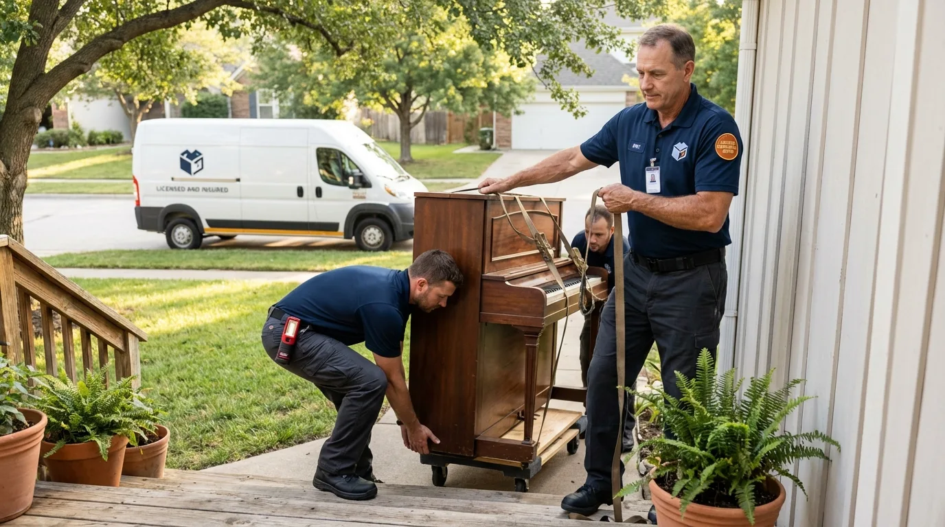 Licensed piano movers securing grand piano in Woodstock, GA