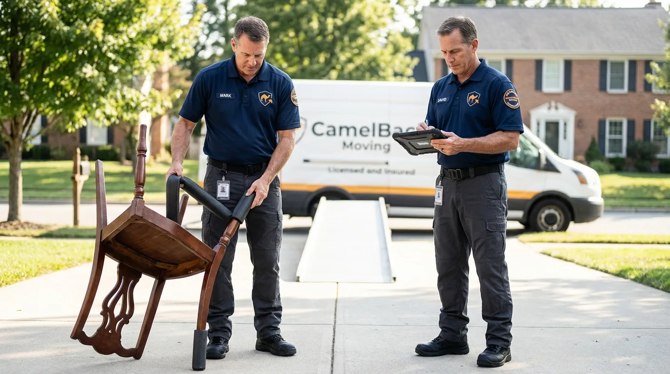 Movers inspecting furniture for damage prevention before loading in Woodstock, GA