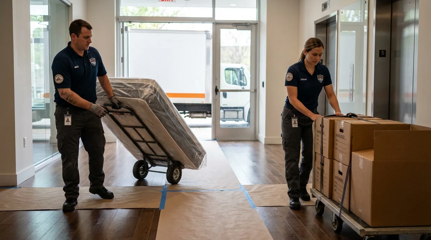 Professional apartment movers loading elevator in Woodstock, GA